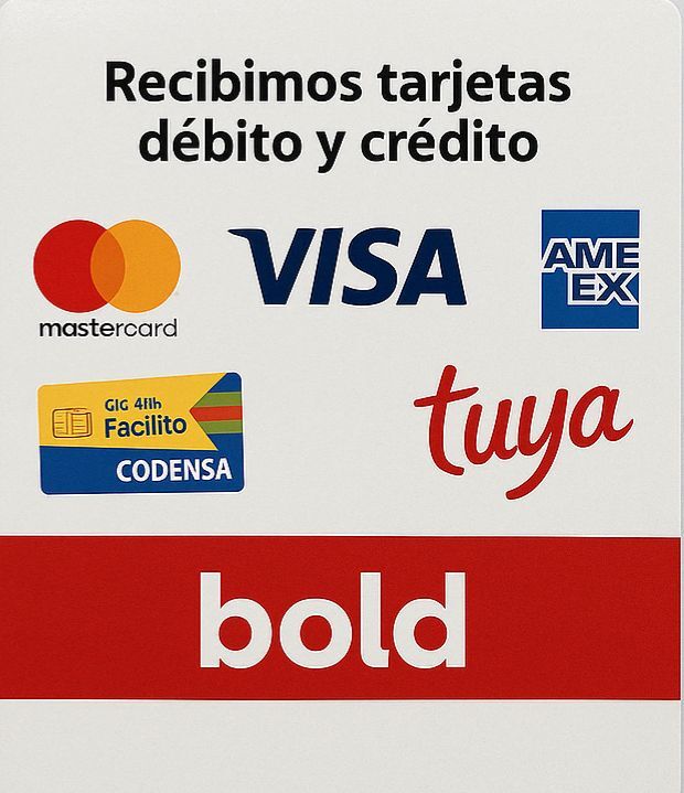 Anuncio de medios de pago aceptados: Mastercard, Visa, American Express, Codensa, Tuya y Bold, en tienda de Pereira, Colombia.